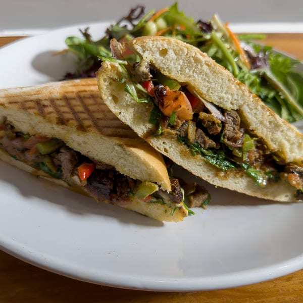 A grilled panini sandwich filled with meat and vegetables, served with a side salad on a white plate.