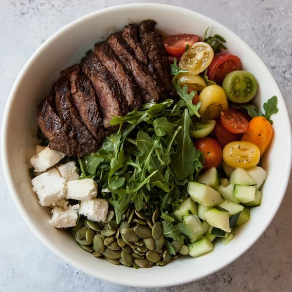 A Cafe La Tazita steak salad with arugula, cherry tomatoes, feta, pumpkin seeds, and cucumber.